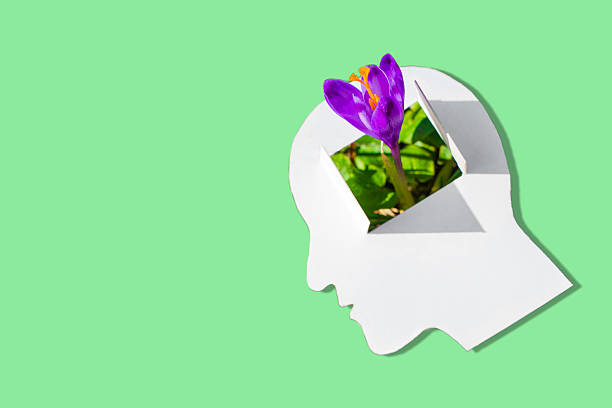 istock Profile Cutout of Man's Head with Crocus Flower Growing from Mind on Vibrant Green Backdrop 2213036803
