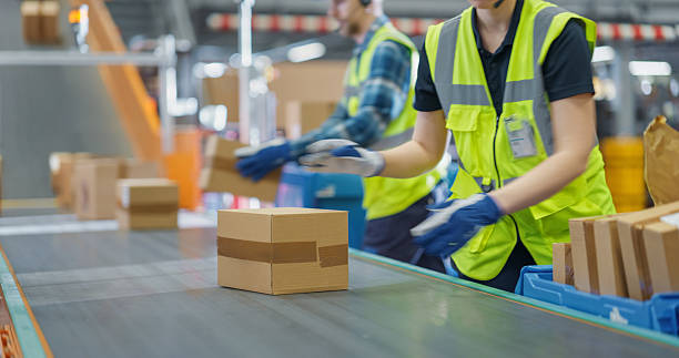 istock Team of Workers Organizing Parcels on a Conveyor in a Busy Warehouse, Ensuring Online Orders Reach Customer Delivery Without Delay. Employees in Safety Vests and Caps Handle Packages at Work 2213037675
