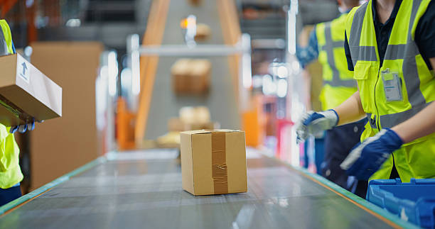 istock Employees Sorting and Loading Parcels, Packages, Cardboard Boxes on a Conveyor Belt in a Postal Office or Retail Shop Warehouse Facility, Ensuring Smooth Logistics Operations 2213037682
