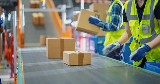 istock Diverse Workers in Safety Vests Loading Parcels Onto a Conveyor in a Modern Sorting Center Facility. People Working Together as a Team in Logistics and Postal Service Operations 2213037717