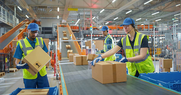 istock Experienced and Young Employees Sort Packages and Load Boxes on a Conveyor Line. Diverse Portrait of Employees at Work in a National Postal Service Facility or a Modern Retail Warehouse Building 2213037785