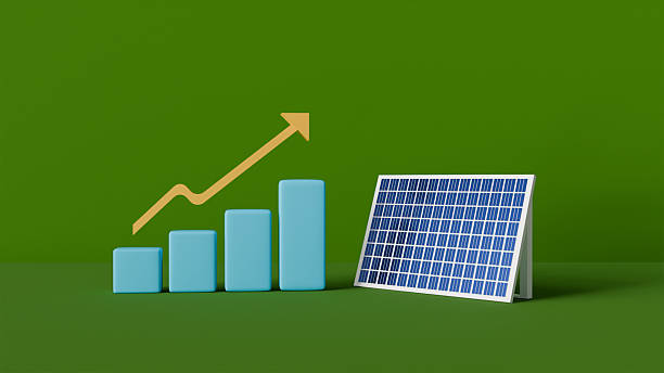 istock 3D scene with solar panel and rising graph on green background, growth towards alternative energy 2213039140