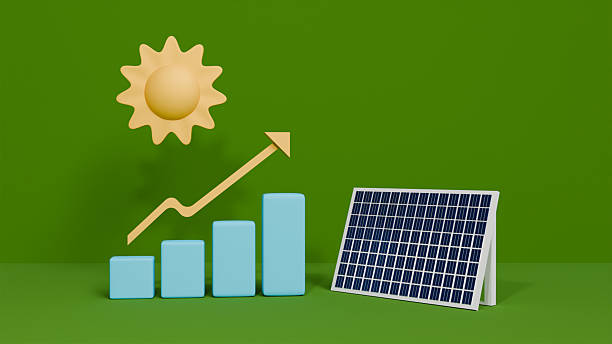 istock 3D scene with solar panel and rising graph on green background, growth towards alternative energy 2213039226