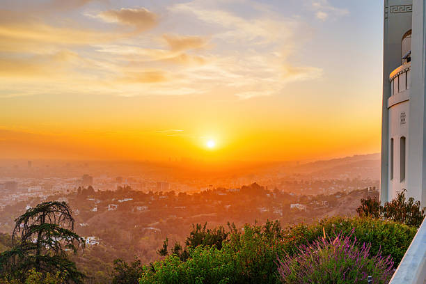 Panoramic sunset view from Griffith Observatory featuring urban landscape and vibrant colors.