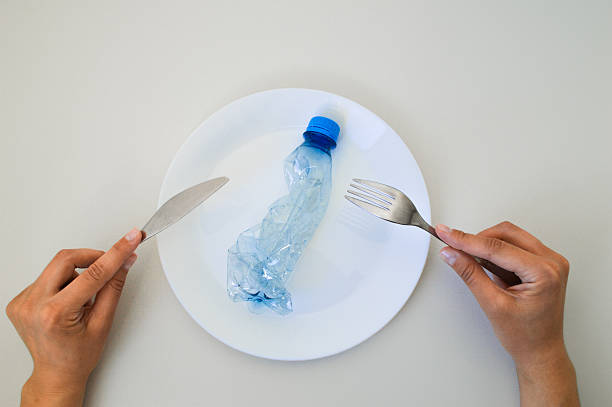 istock Symbolic Representation of Microplastic Pollution in Food  Plastic Bottle on Dinner Plate 2213046677