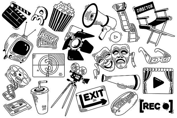 Playful outline drawing of camera, clapperboard, film reel, and director tools – ideal for cinema, filmmaking, and media-related content.