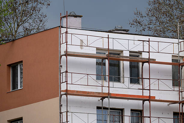 istock Apartment facade under renovation with scaffolding and green foliage 2213057849