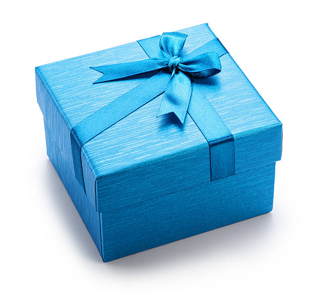 istock Blue gift box with satin bow, top view, isolated on white background. File contains clipping path. 2213058589