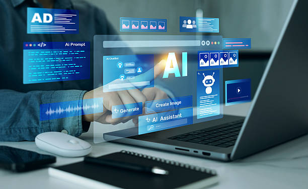 istock Person using laptop with Ai Content Generator. Interaction with the Ai assistant to solve some tasks more easily. Image generator, documents, marketing and advertising, bot writing and coding. 2213058692