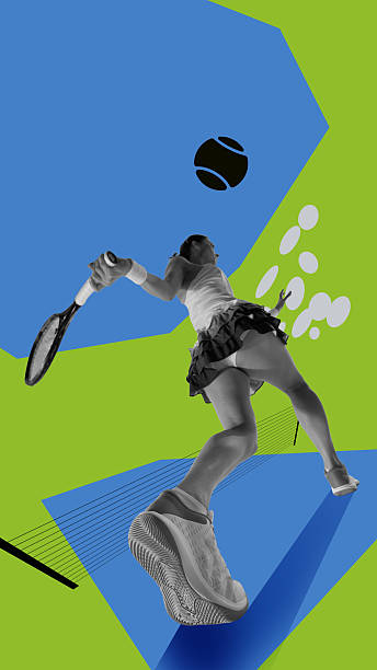 istock Conceptual art design. Powerful follow-through shot captured from below in exaggerated perspective with surreal court and bouncing ball 2213059828