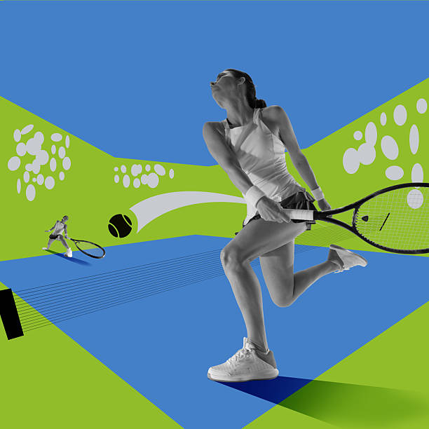 istock Conceptual art design. Stylized female athlete swings powerful return toward rival across graphic court with abstract game elements 2213059831