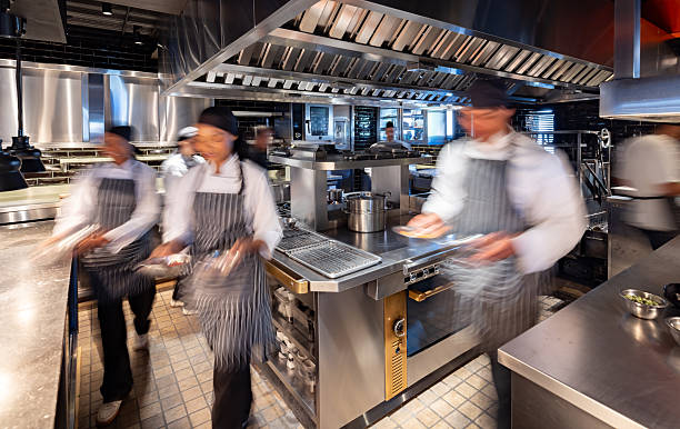 Blurred motion at a busy commercial kitchen