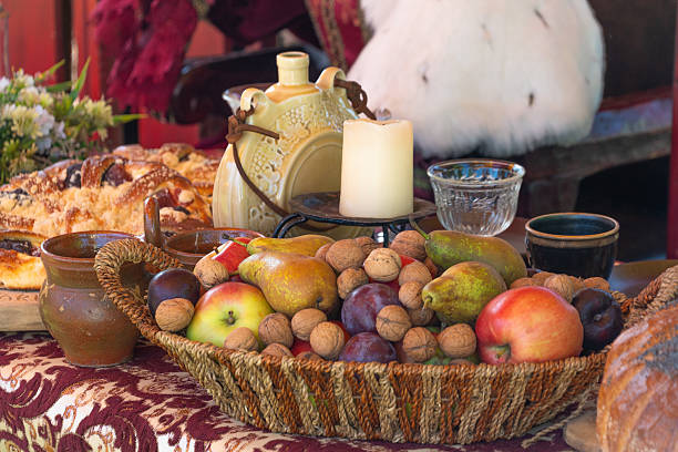 Closeup Image of Kerala Traditional Vishu Kani Arrangement with Fruits, Grains, and Baby Krishna Photo