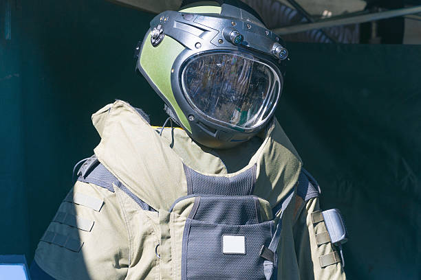 istock Protective bomb disposal suit and helmet display 2213061385
