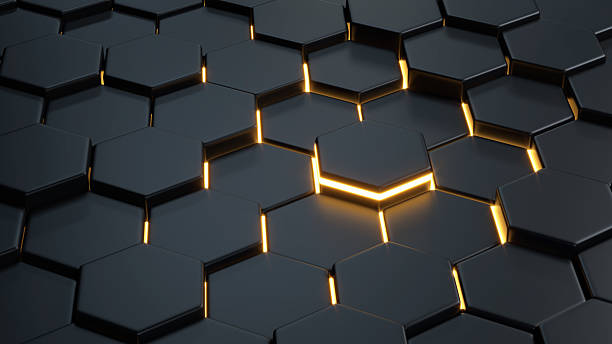 istock Dark hexagonal grid with glowing orange accents, abstract technology background 2213061557