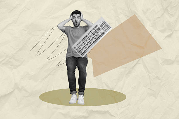 istock Contemporary artwork image collage of shocked businessman sit keypad wireless device freelancer tool desktop electronic qwerty 2213068604