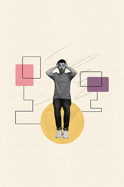 istock Creative surreal collage of young man sit circle draw round over pastel color background 2213068681