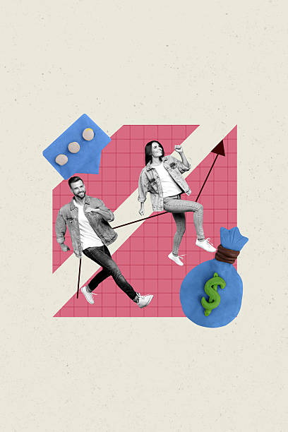 istock Vertical image art collage of happy girl guy business worker run arrow development text box notification chat dollar bag communication 2213069091