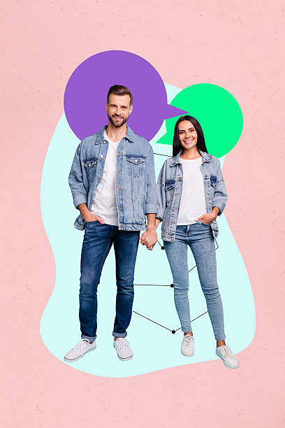 istock Vertical 3d art collage of two happy girl guy bubble chatterbox communication phrase dialogue discussion conversation talk 2213069148