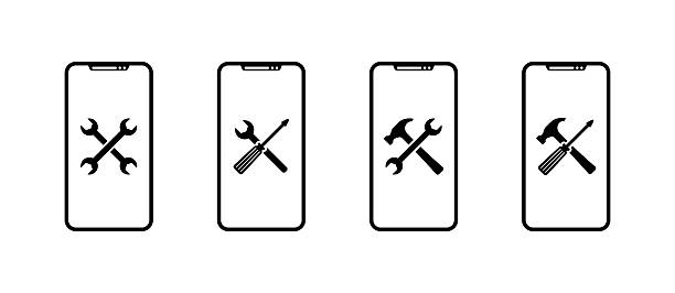 istock Smartphone repair icons: wrench, screwdriver, hammer, tools on mobile screens. Vector icon 2213069358