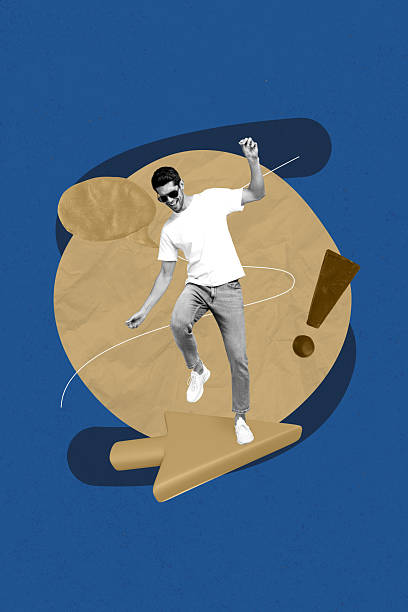 istock Poster image vertical photo collage of happy guy stand cursor arrow pointer bubble communication talk icon exclamation mark 2213071501