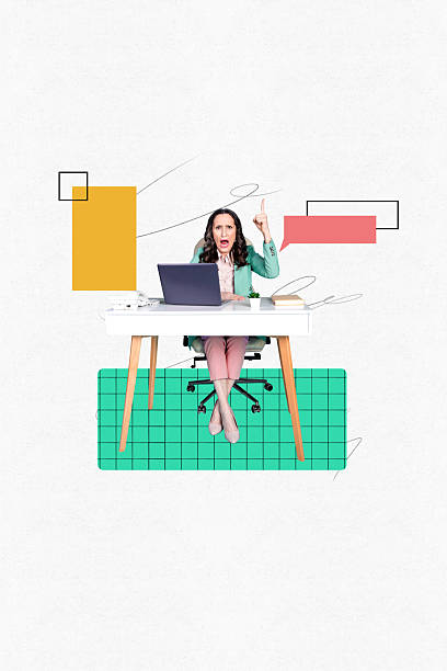 istock Vertical 3d artwork collage of serious old woman sit workplace bubble communication speech think chatterbox notification laptop 2213072579