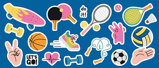 90s style sport sticker pack with skateboard, ping pong, tennis, padel rackets, balls, dumbbells and motivational quotes. Die cut with white outline. Trendy flat vector illustration.