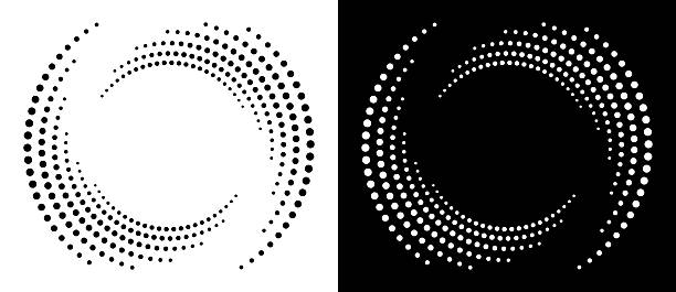 Circle abstract background with dynamic halftone dots in spiral. Yin and yang style. Black shape on a white background and the same white shape on the black side.