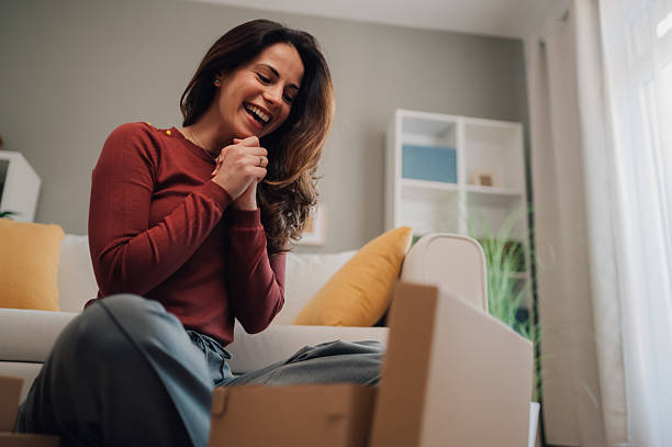 istock Happy customer receiving online store order, satisfied with purchase 2213080714