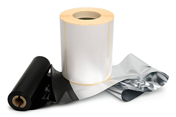 istock Roll wax ribbon for thermal transfer printer in core and thermal labels 2213095352