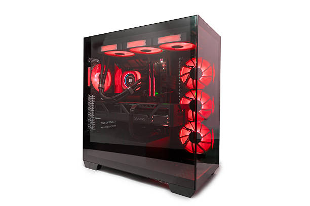 istock Isolated black destop computer middle size tower with red LED RGB light 2213097579