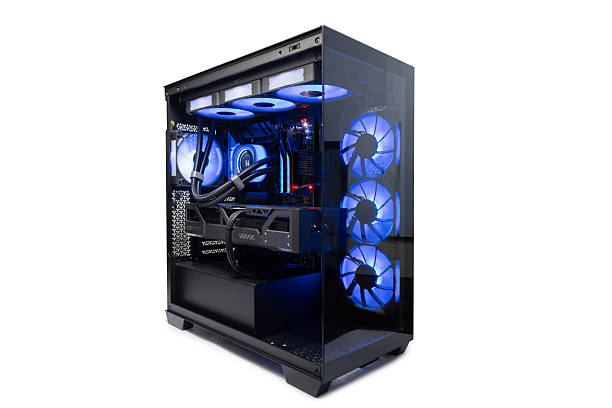 istock Isolated black destop computer middle size tower with blue LED RGB light 2213097581