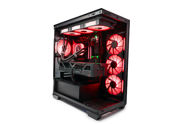 istock Isolated black destop computer middle size tower with red LED RGB light 2213097584