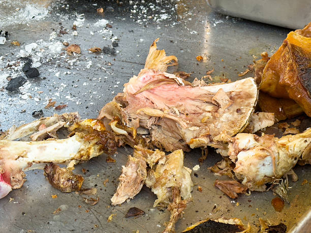 istock Cooked meat bones on metallic surface with charred remnants 2213102685