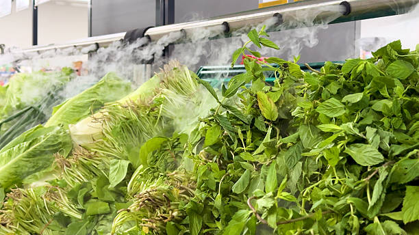 Fresh Green Herbs and Vegetables Revitalized by Cooling Steam in a Modern Supermarket – Basil, Tarragon, and Leafy Greens Preserved with Moisture Spray for Maximum Freshness and Visual Appeal