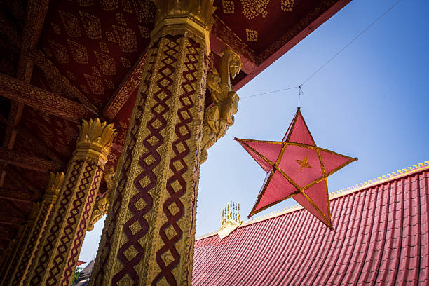 A beautifully crafted star decoration hangs in Luang Prabang, Laos, adding a touch of festive charm to the surroundings