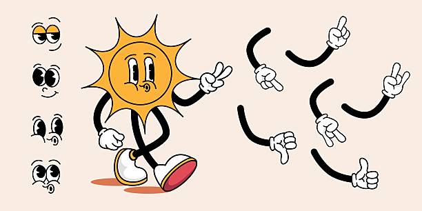 Sun with a set of different emotions and different hand gestures. Set in the style of the 60-70s. World Sun Day