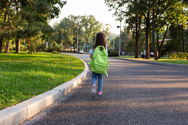 istock Young girl with green backpack walking on pathway in scenic park setting 2213111760