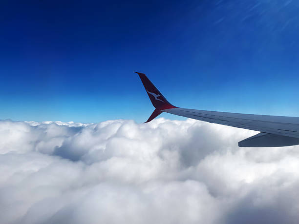 Sydney, Australia - February 26, 2025: Qantas Wing Above the Clouds During Flight with Clear Blue Sky