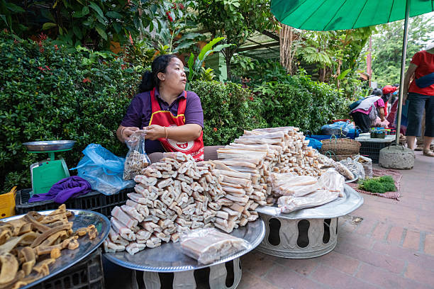 Luang Prabang, Laos - November 9, 2024：A vendor arranges her colorful array of freshly harvested vegetables at a bustling market in Luang Prabang, Laos.