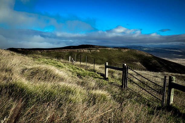 Big Island of Hawaii, northern part of the island near the town of Waimea, Mauna Kea in the background, grassland with fence, volcanic crater a short distance away, sunny afternoon, partly cloudy sky.