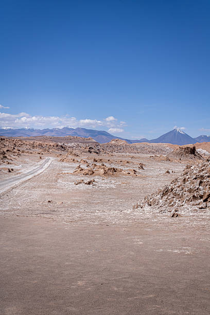 A clear view of desert ridges and distant volcanoes along the Cordillera de la Sal under a bold blue sky.