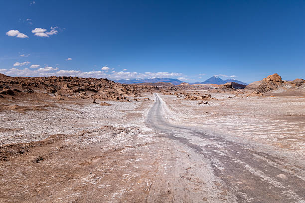 A winding dirt path cuts through the bright mineral terrain of Cordillera de la Sal with mountains on the horizon.