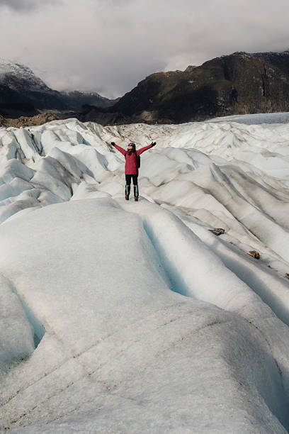 Close-up of a glacier with distinctive blue ice formation in New Zealand