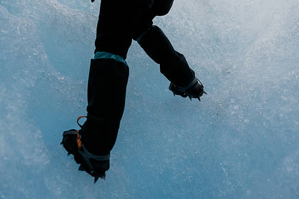Close-up view of hiker's legs navigating a stunning blue glacier, with crampons firmly attached to boots for secure footing on the ice