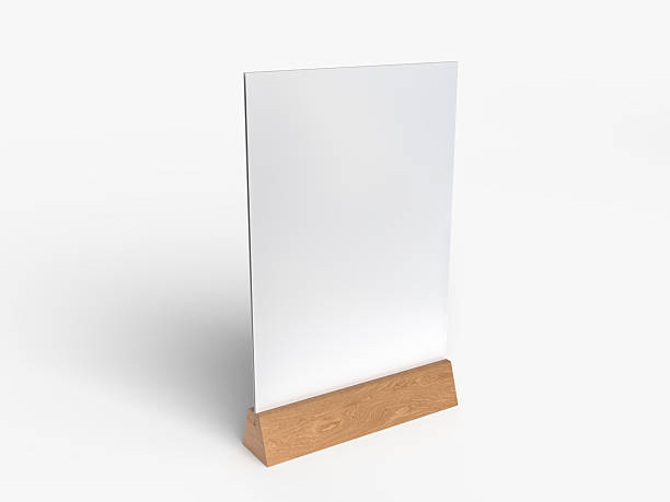 istock 3D Realistic table stand, table tent mockup with wooden base and white paper acrylic. Blank card holder display information for menu label, restaurant, cafe, banner, picture stand, sign holder, ads 2213138410