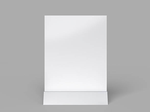 istock 3D Realistic table stand, table tent mockup with plastic base and white paper acrylic. Blank card holder display information for menu label, restaurant, cafe, banner, picture stand, sign holder, ads 2213138438