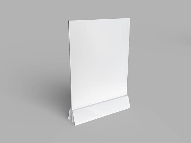 istock 3D Realistic table stand, table tent mockup with plastic base and white paper acrylic. Blank card holder display information for menu label, restaurant, cafe, banner, picture stand, sign holder, ads 2213138442