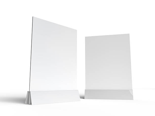 istock 3D Realistic table stand, table tent mockup with plastic base and white paper acrylic. Blank card holder display information for menu label, restaurant, cafe, banner, picture stand, sign holder, ads 2213138449