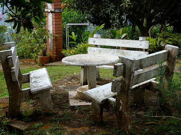 Old white benches and tables in a garden